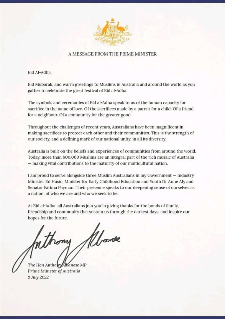 رئيس وزراء أستراليا يهنئ المسلمين بعيد الأضحى المبارك